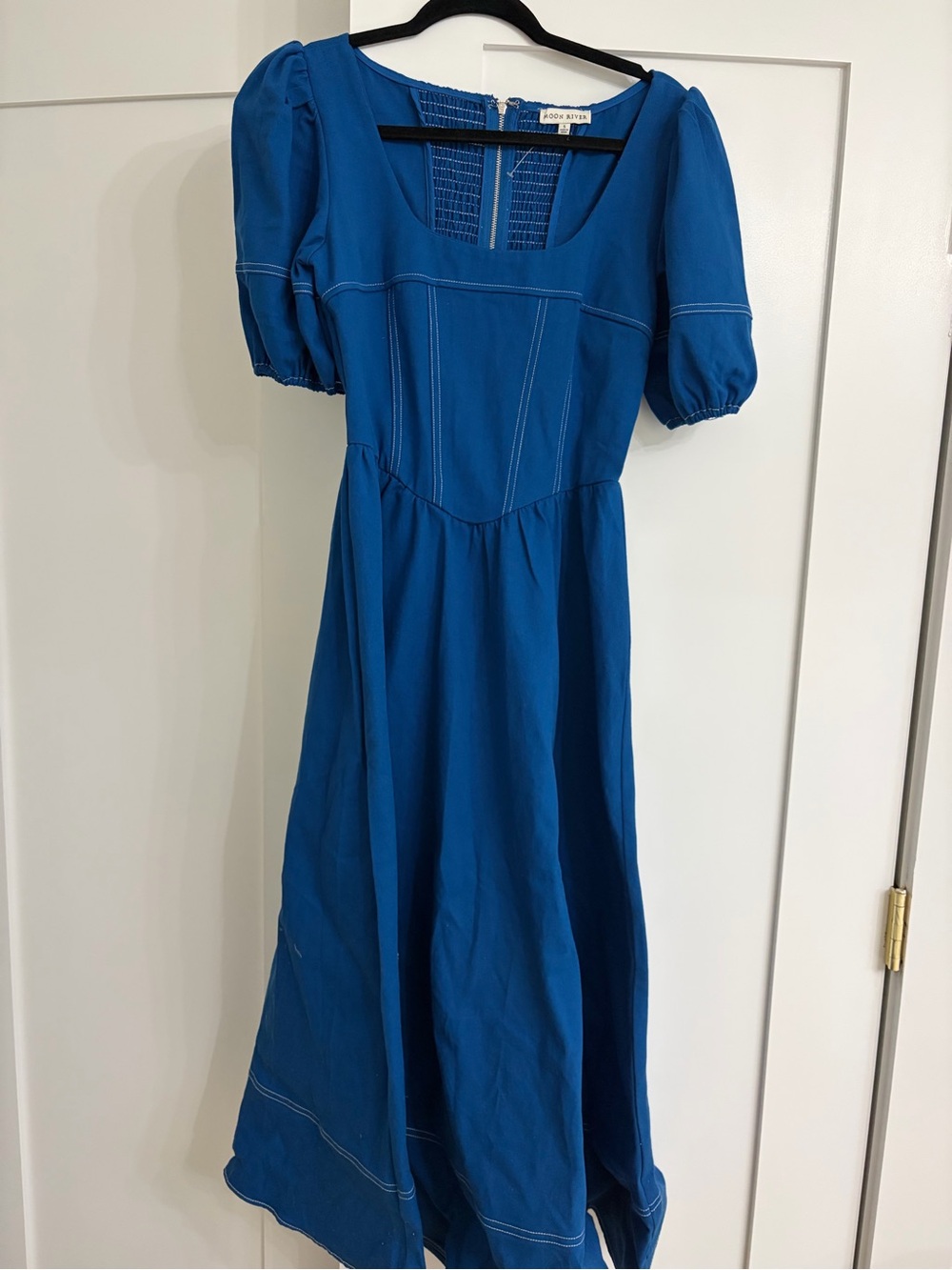 Moon River Royal Blue Square Neck Midi Dress with Contrast Stitching
